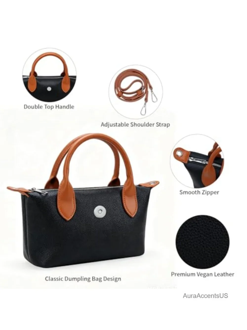 Vegan Leather Mini Top Handle Shoulder Bag - Crossbody Purse with Removable